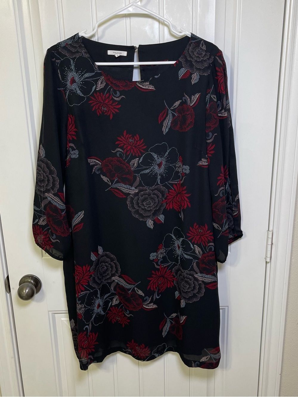 Maurices Black Floral Long Split Sleeve Shift Dress with Red Pink Blue Accents